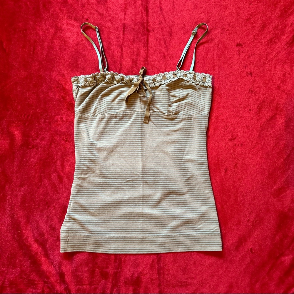 Early 2000s Milkmaid MNG Lace Ribbon Trim Tan and Mint Blue Striped Tank Top
